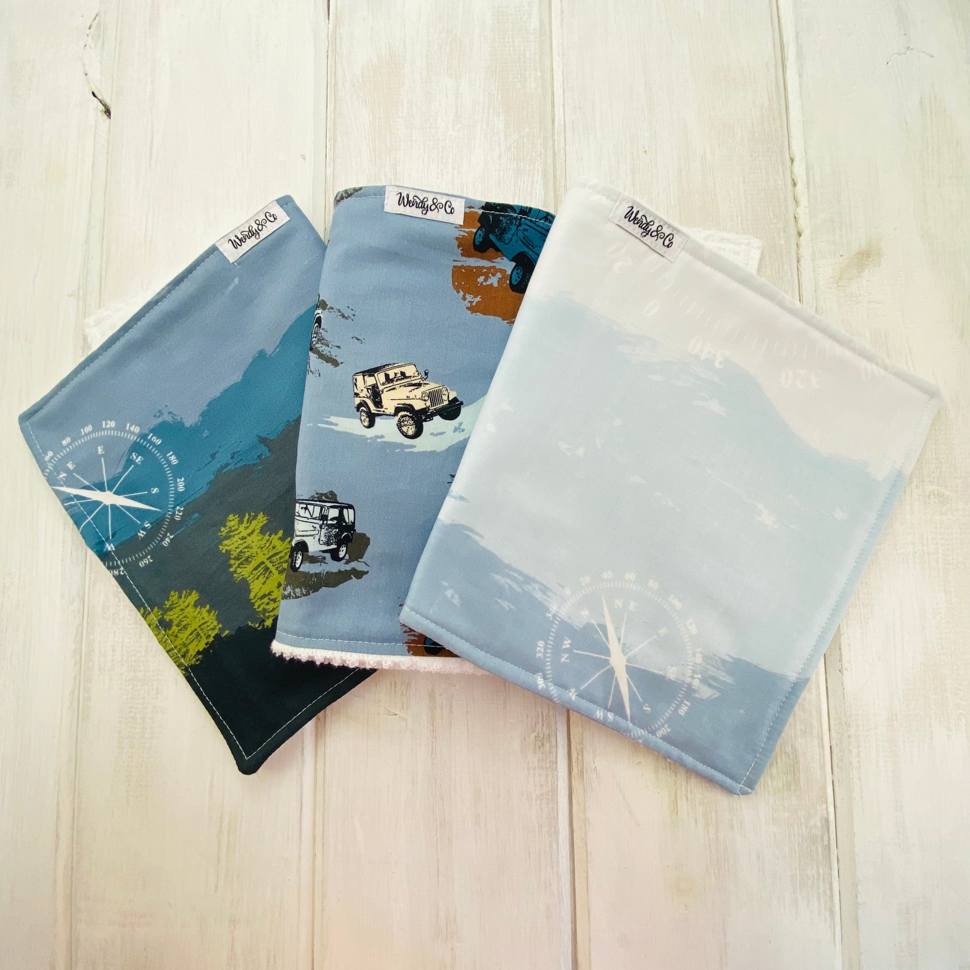 Set of 3 handcrafted baby burp cloth with blue sky scene and jeep scene.