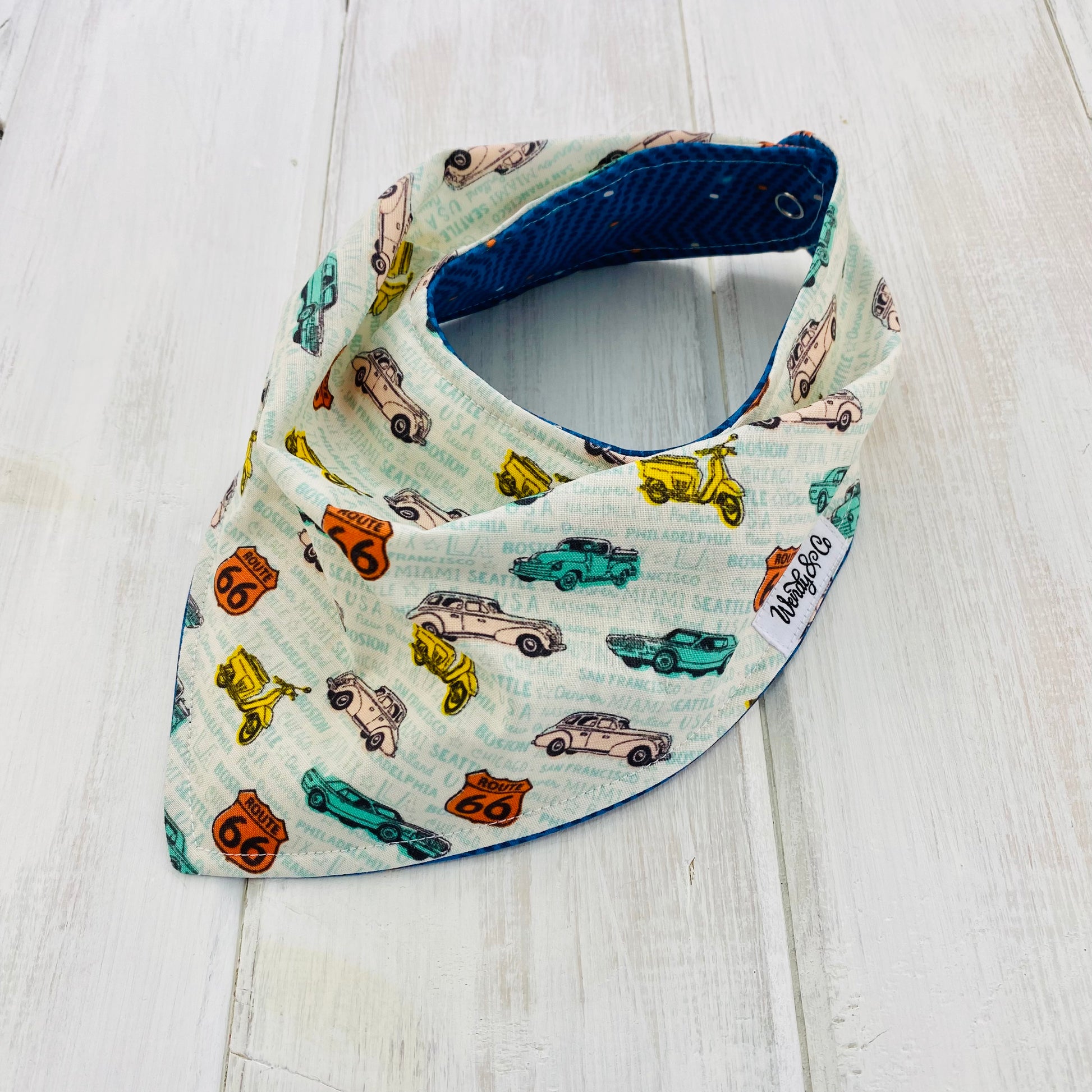 Mint green, orange, yellow on cream fabric, old cars, Route 66 sign fabric on reversible baby boy bib.