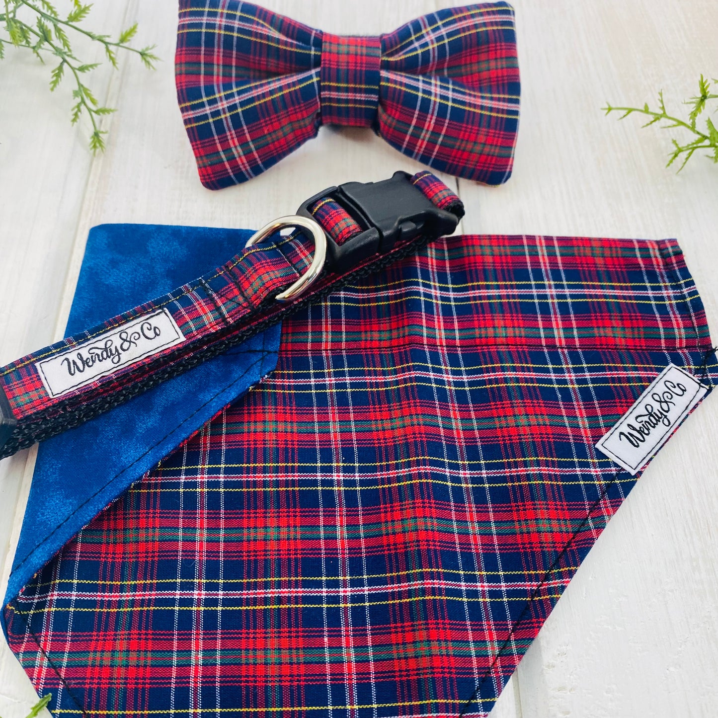 Bow tie, collar and bandana in navy and red plaid.