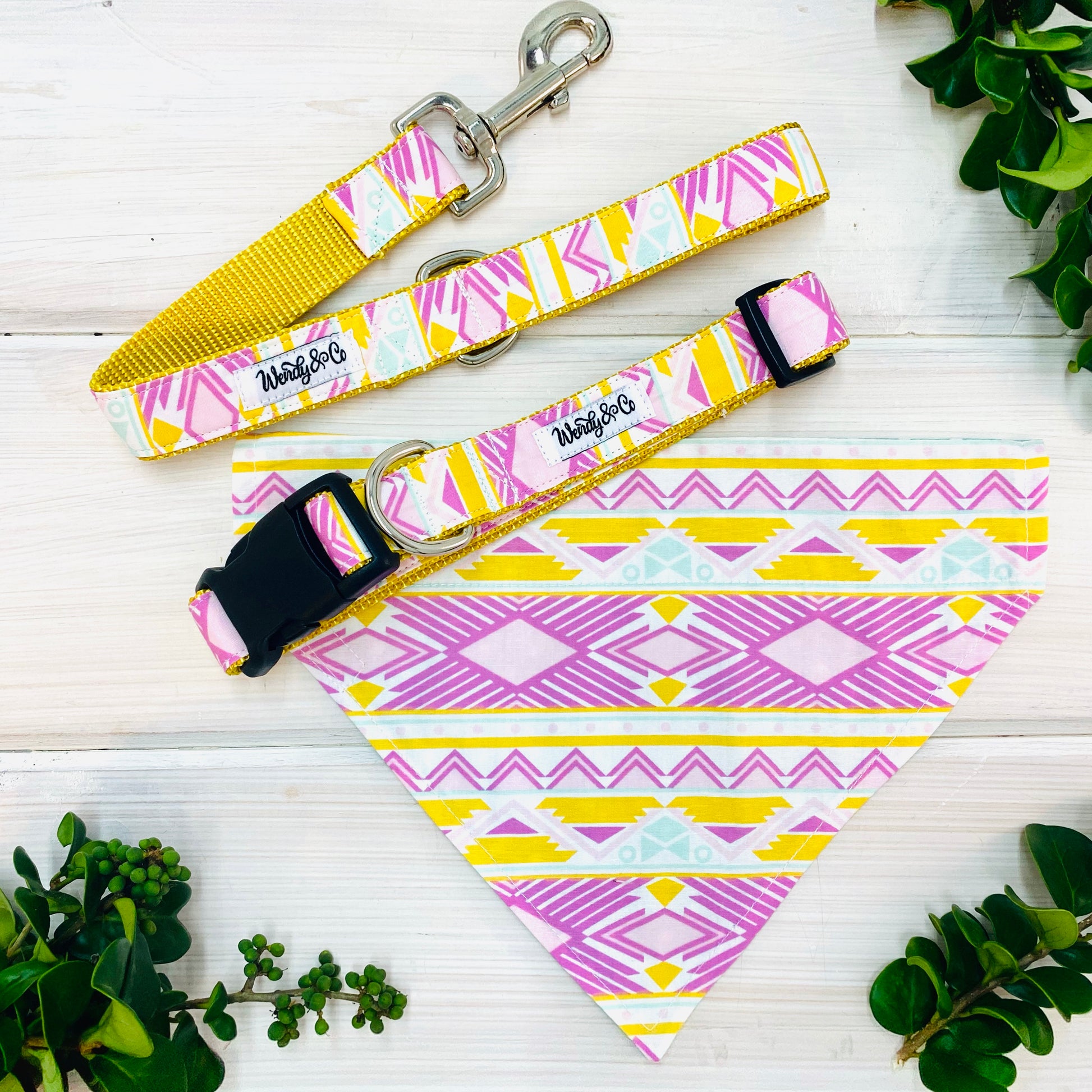 Cheery pink and yellow geometric collar, leash and bandana.