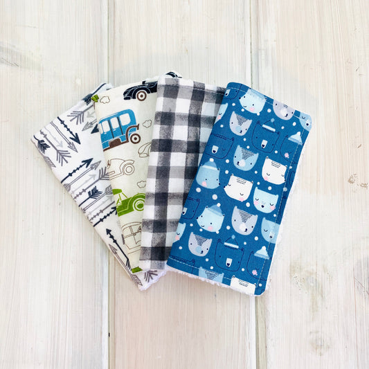 Set of 4 washing cloths, reusable baby wipes, handmade, fabric- blue background with blue, white and gray bear heads.