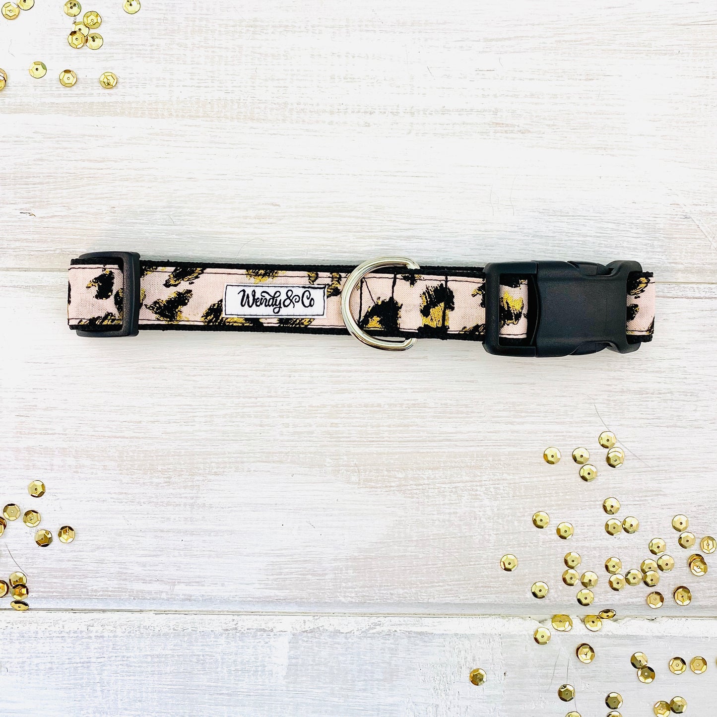 Blush pink cheetah print with black and gold accents, dog collar handmade.
