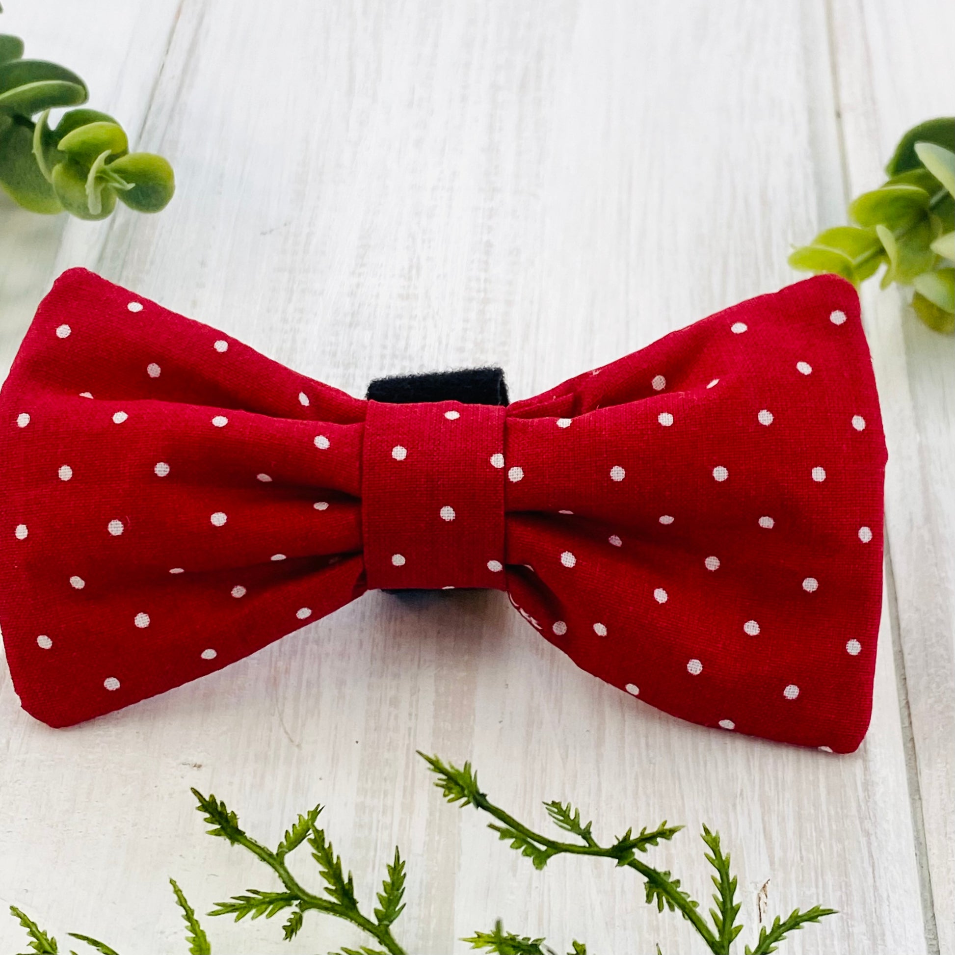 Deep red polka dot bow tie for pets, handmade.