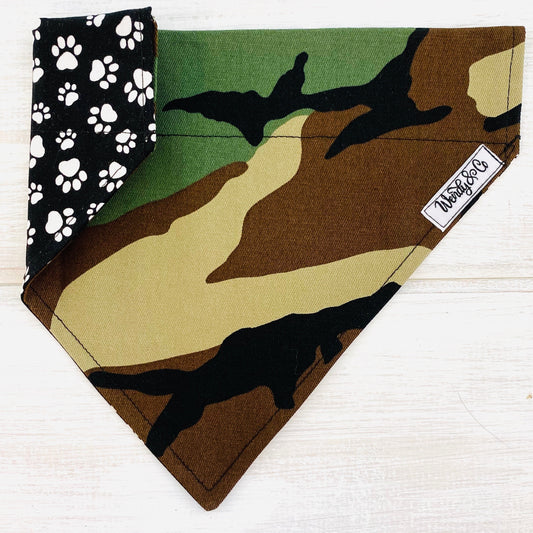 Green Camouflage print dog bandana. 