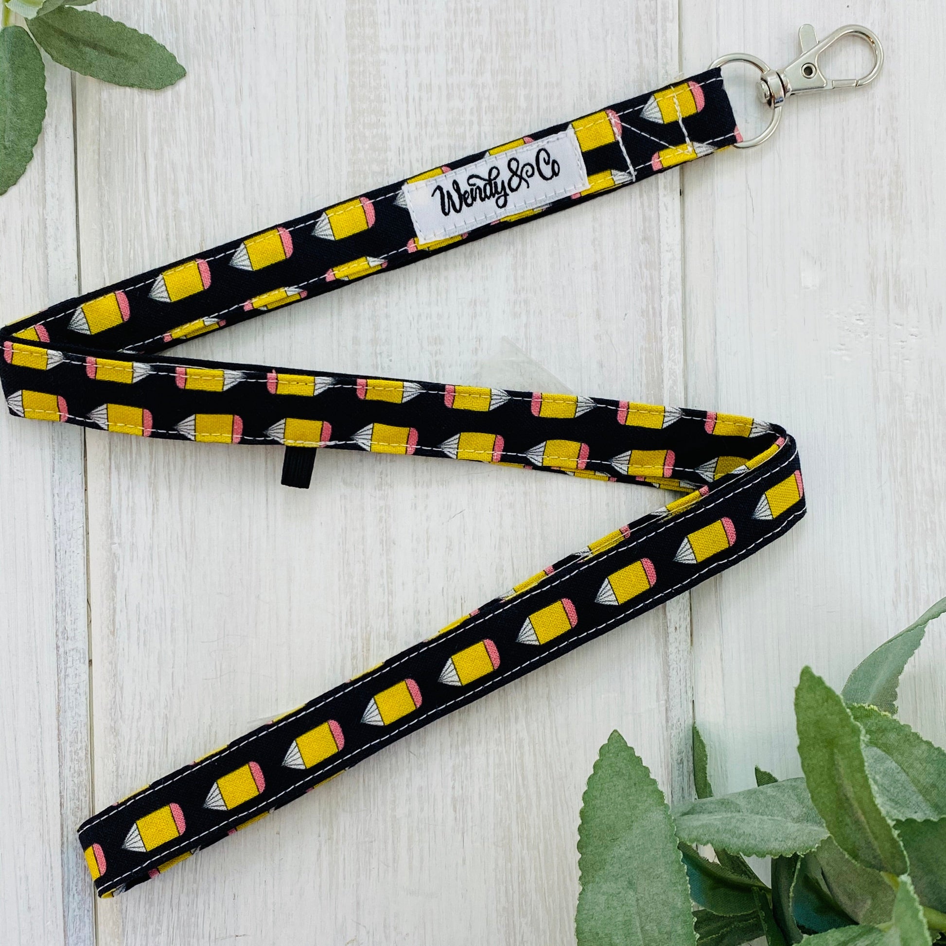 Fabric lanyard, black background with cute pencil print, teacher gift.