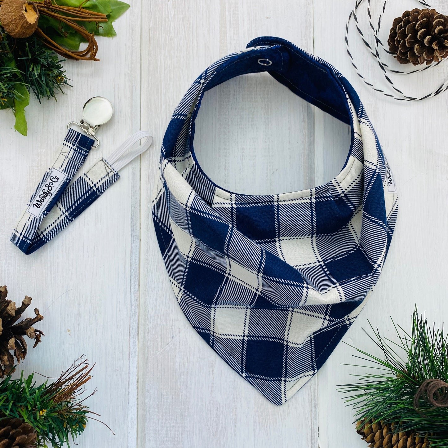 navy check and solid navy reversible bandana bib