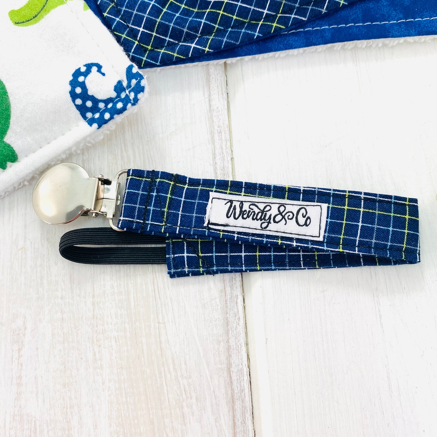 Preppy navy plaid pacifier holder, soother.