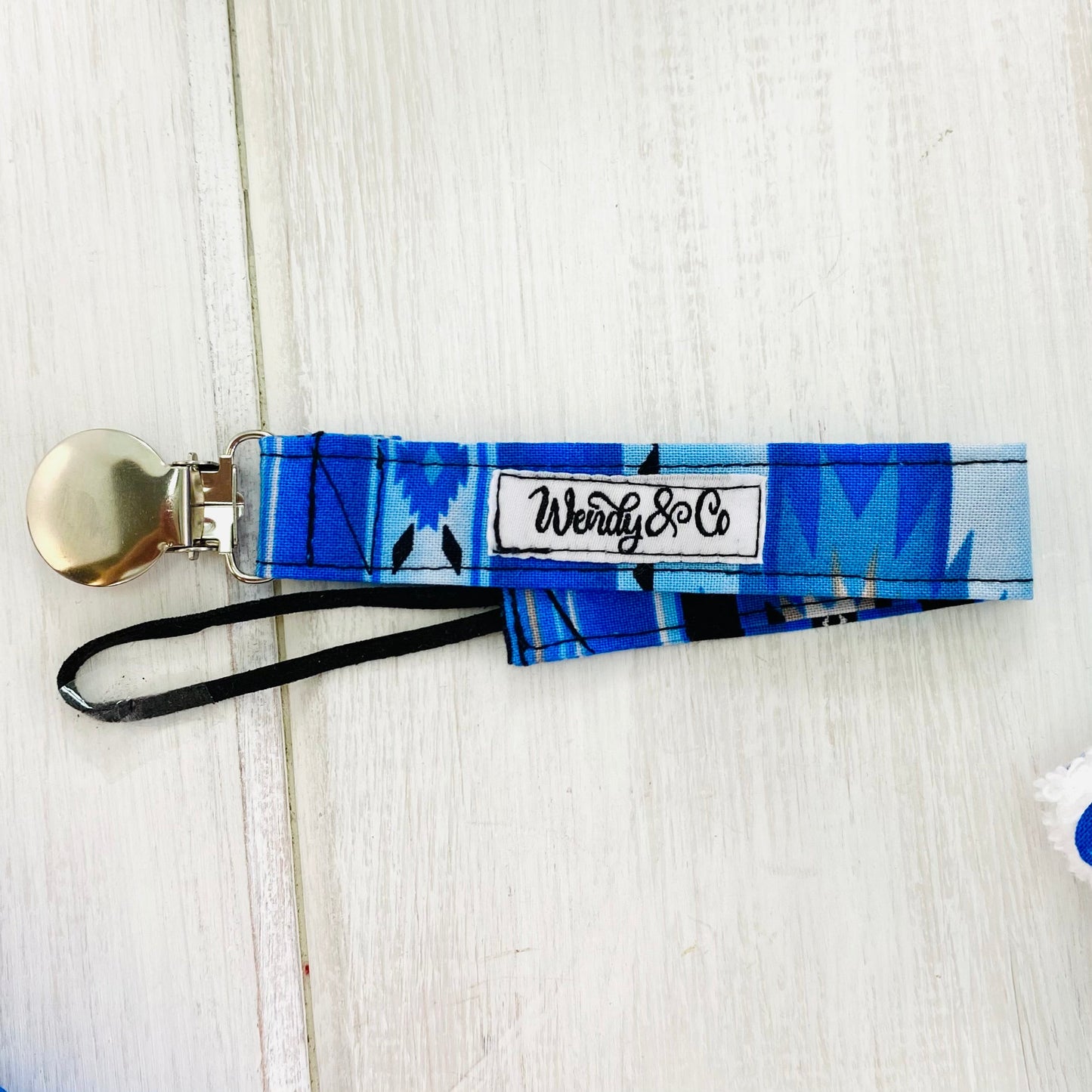 pacifier clip, soother holder, southwest western fabric in shades of blue