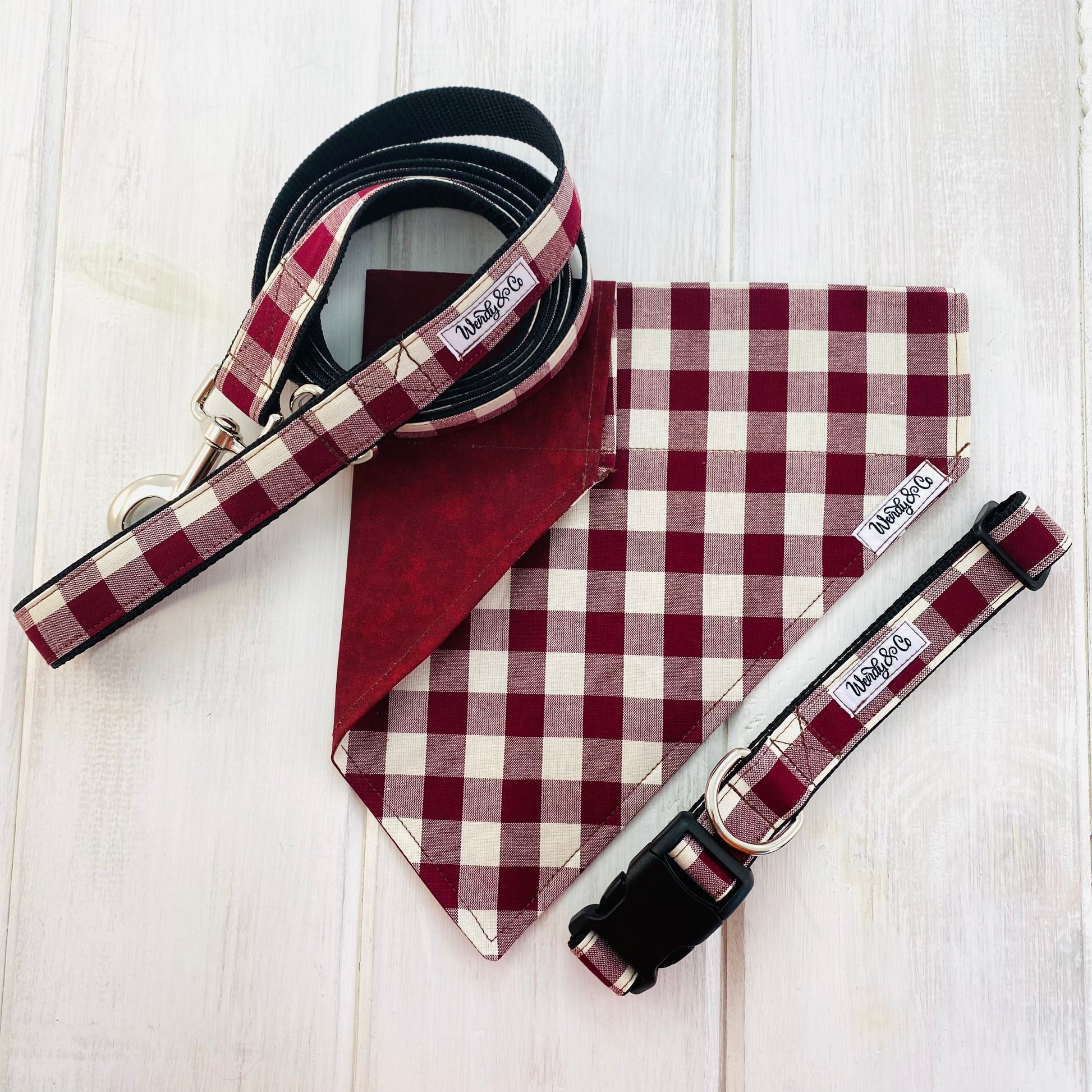 Maroon plaid check dog collar, leash and matching bandana.
