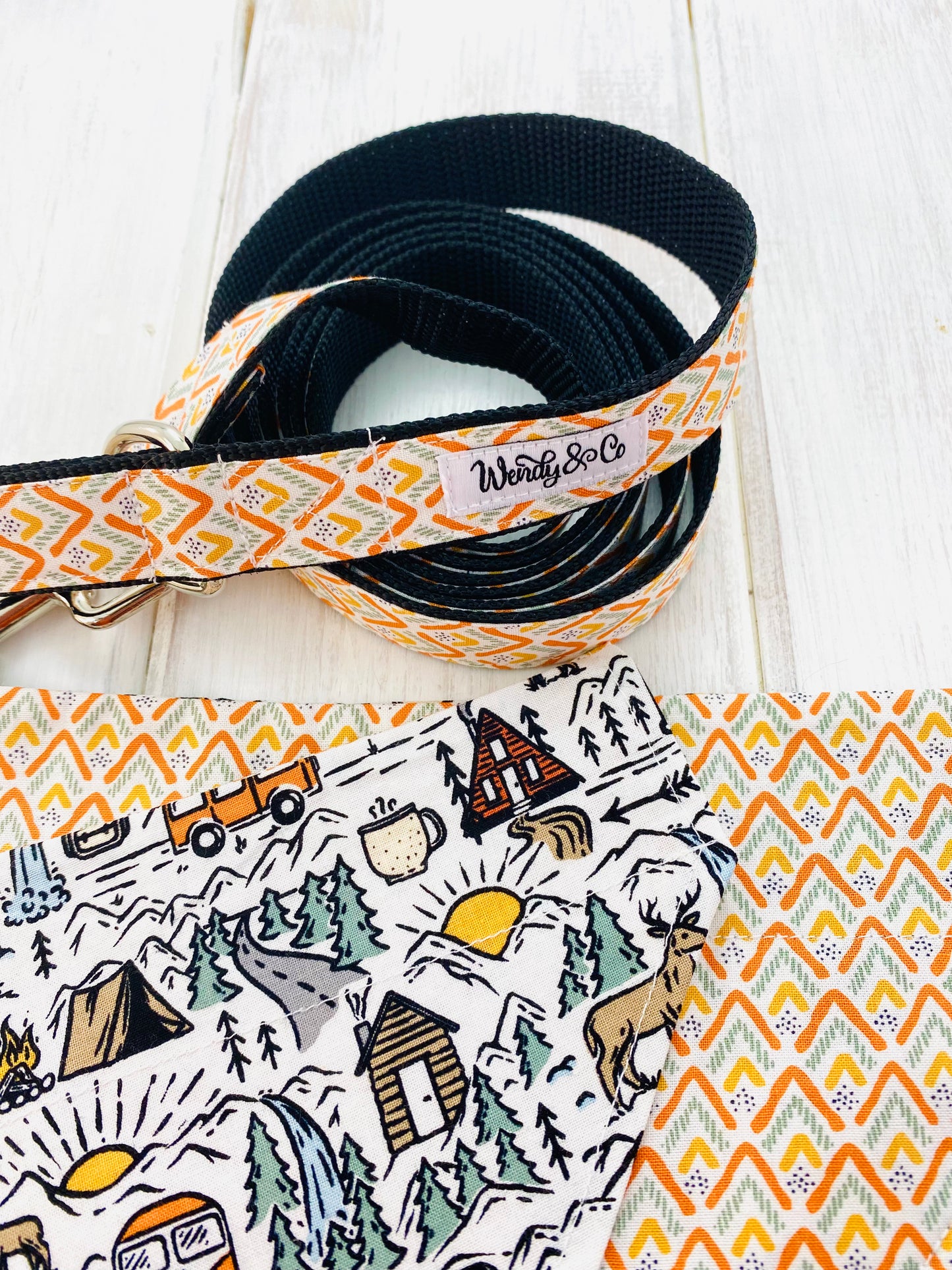 Orange and olive mountain print dog leash and bandana.
