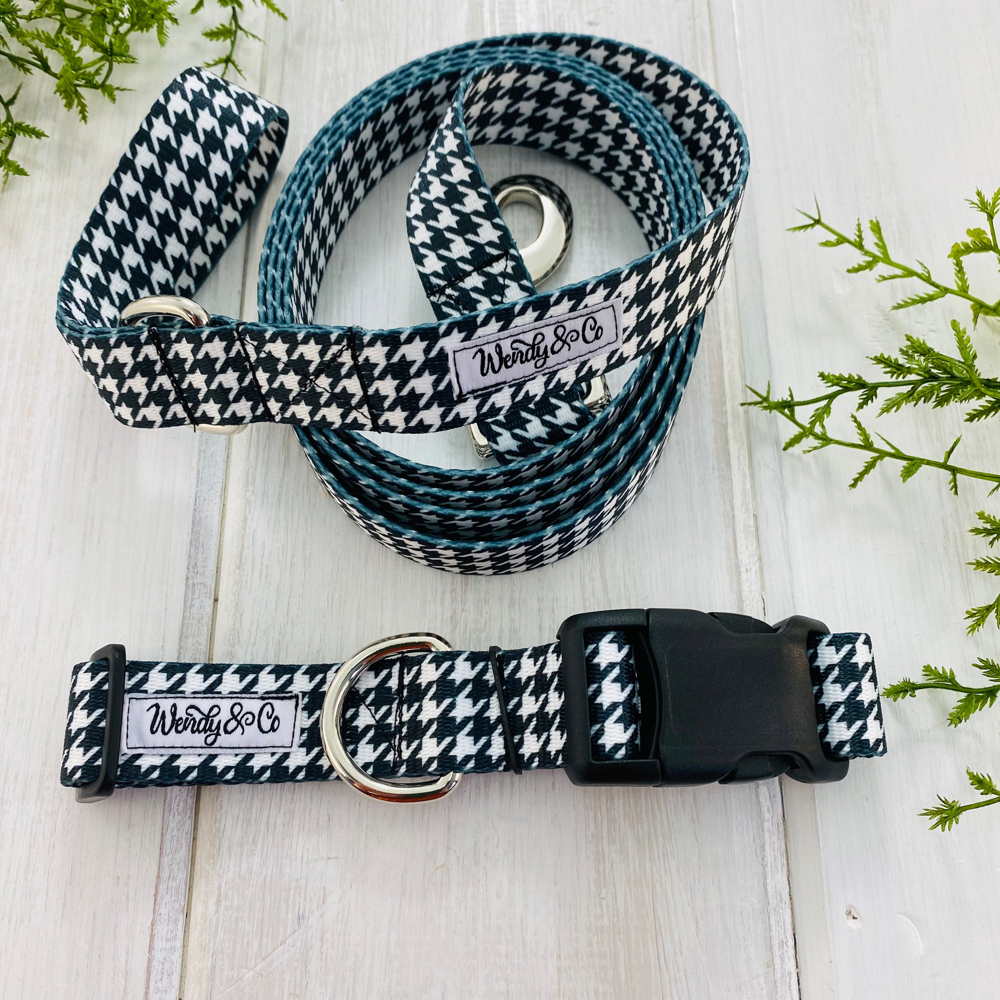 Black and white check 1" wide collar and leash, handmade.