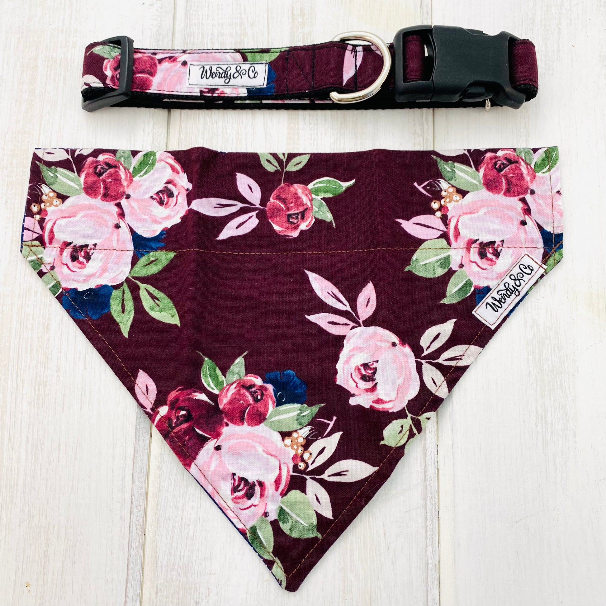 Burgundy floral dog collar and reversible dog bandana.