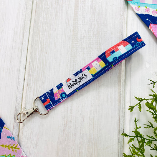 Colorful camping theme key fob for camper keys.