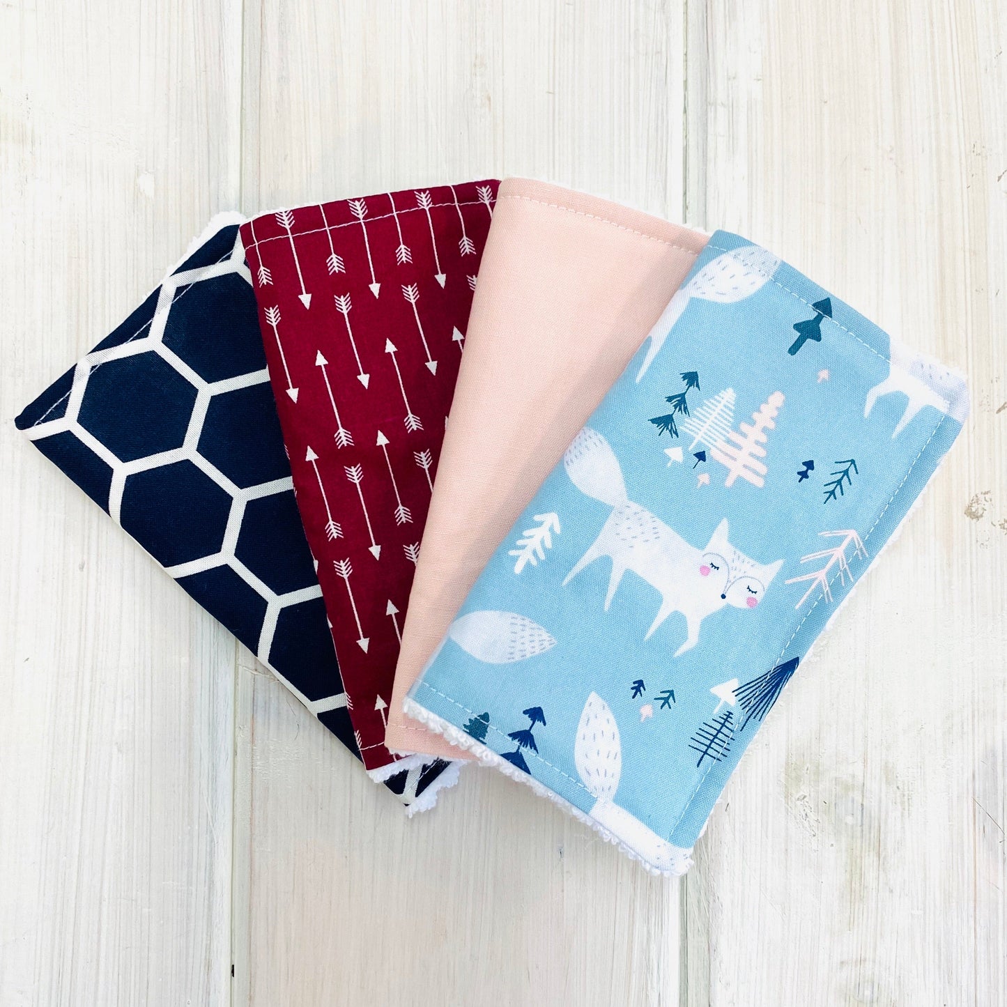 4 handmade washing cloths, sustainable reusable baby wipes in silver fox woodland print.