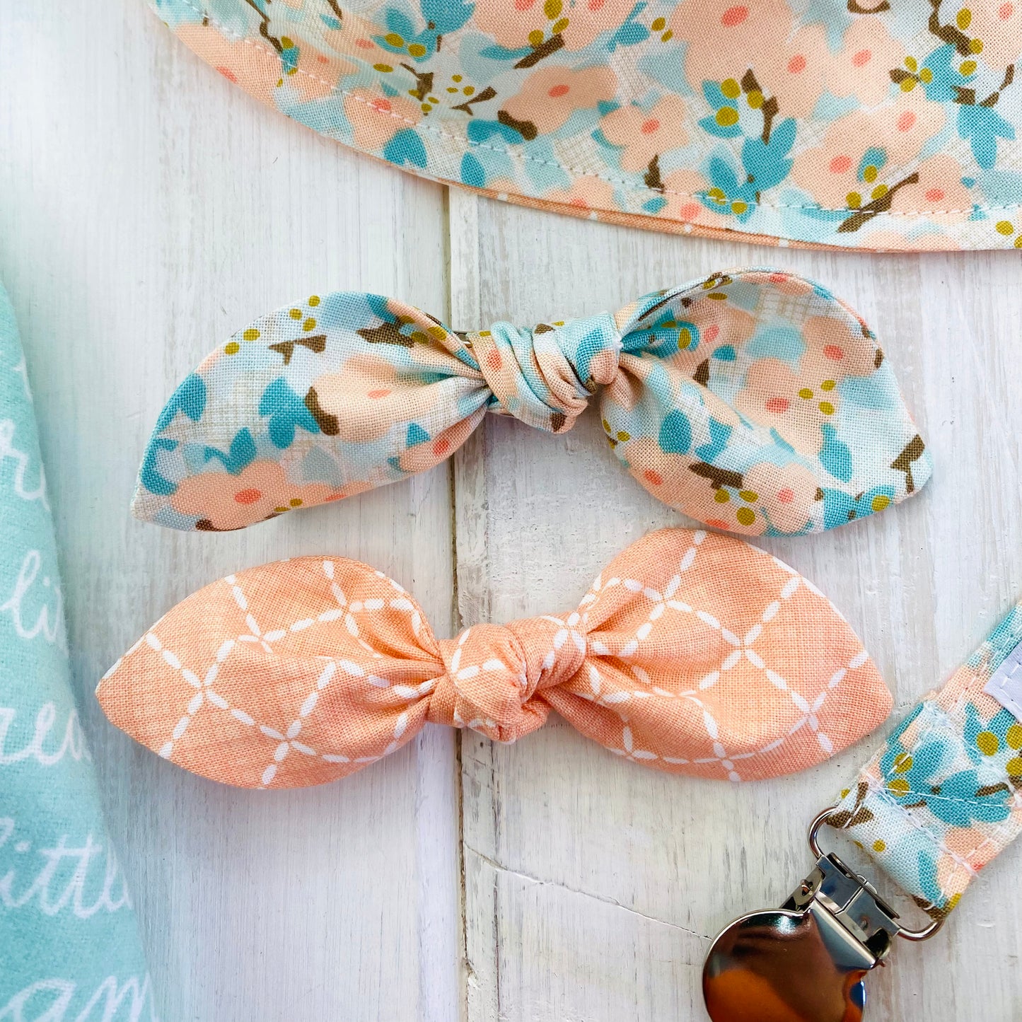 Dogwood floral hairbow, and peach lattice hairbow.