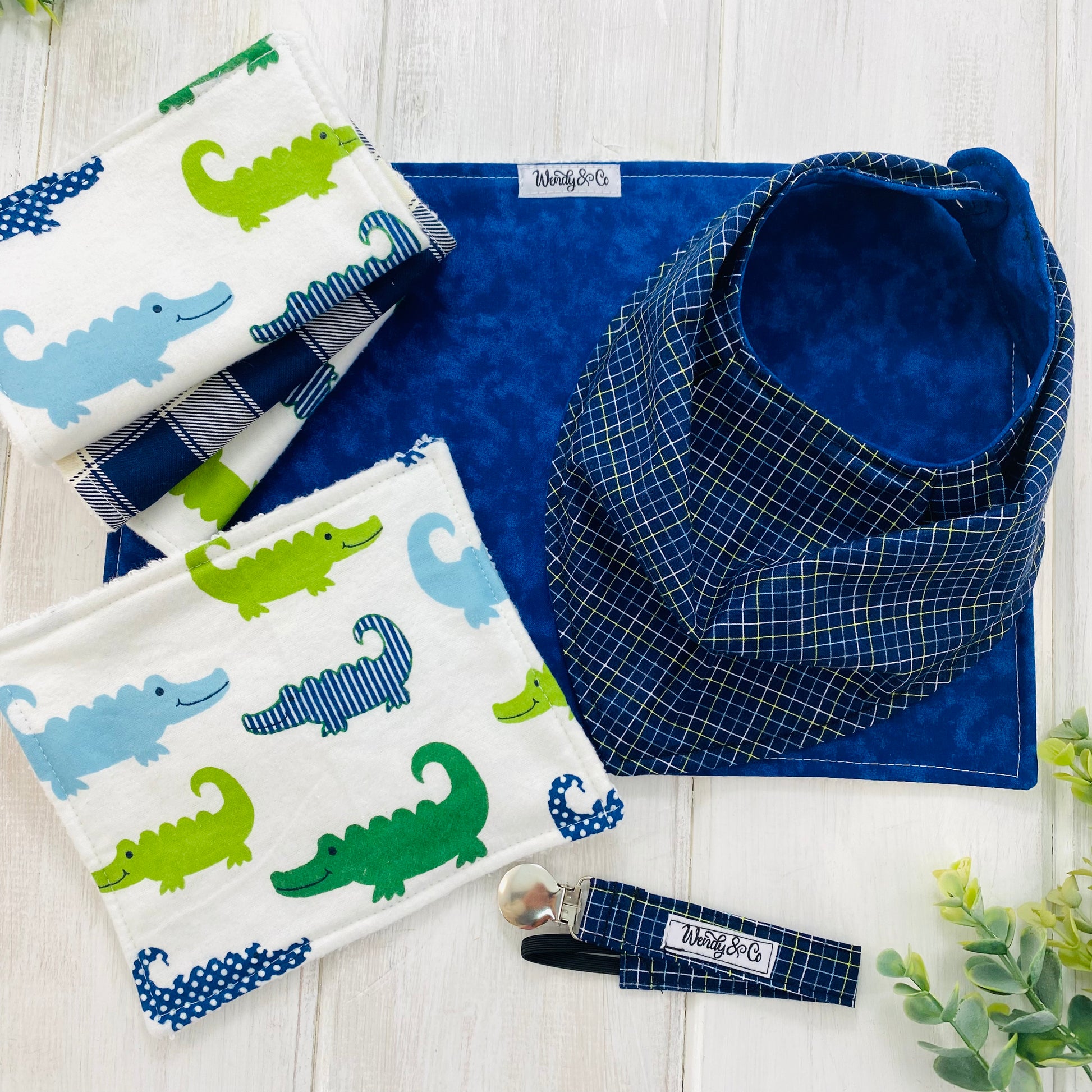 Alligator print and navy plaid handmade baby gift set.