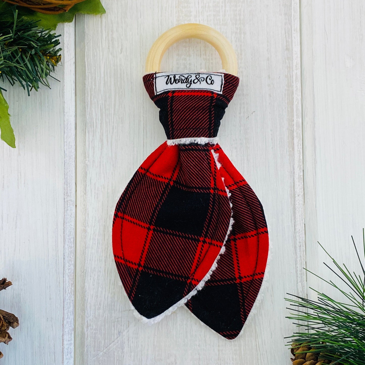 Buffalo plaid, red & black check, natural wood and fabric bunny ear teether
