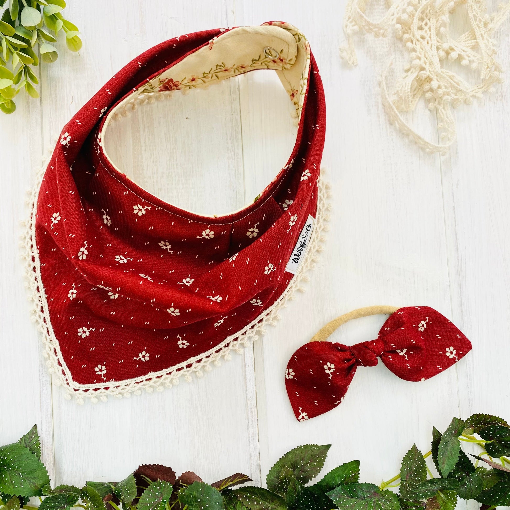 Round bow headband, bandana bib, vintage berry with cream lace trim