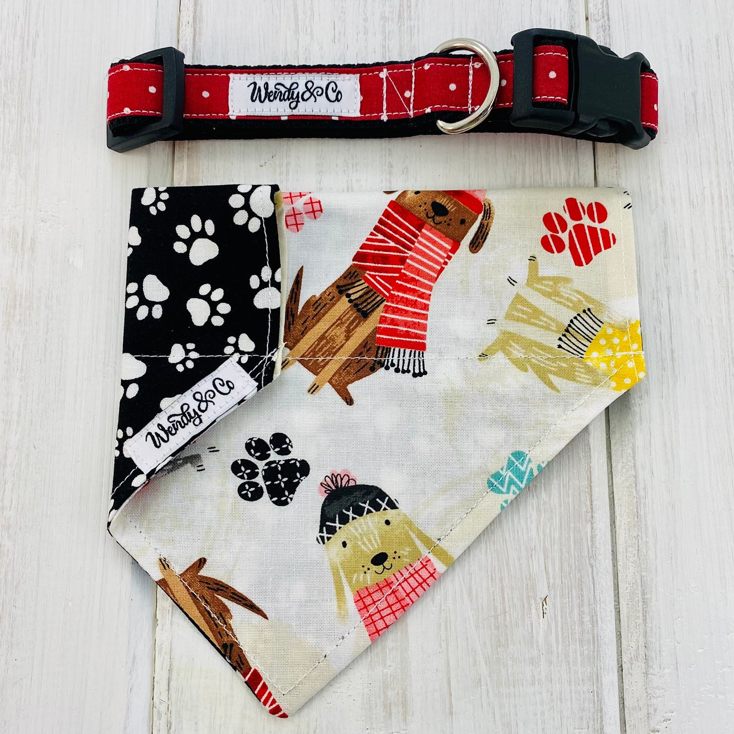 Red polka dot collar with over the collar dog bandana with winter pups.