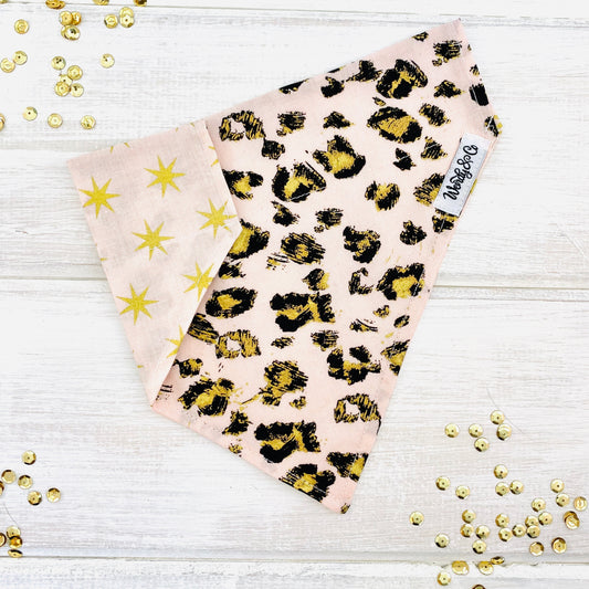 Blush pink cheetah animal print dog bandana, reversible, over-the-collar bandana.