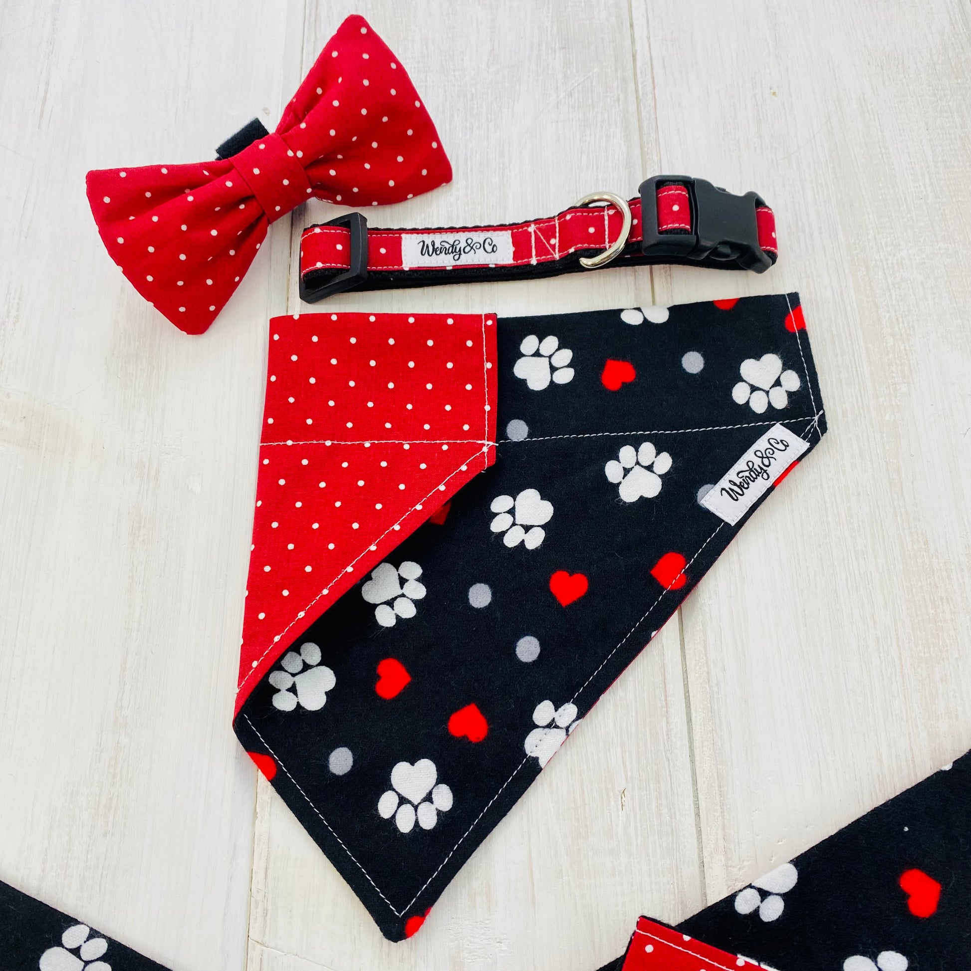 Red dot print with hearts and puppy paws bandana.