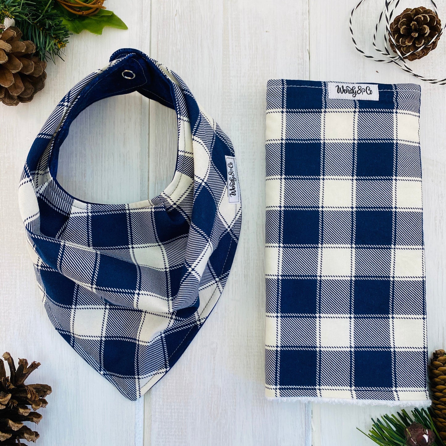 navy check burp cloth and reversible bandana baby bib