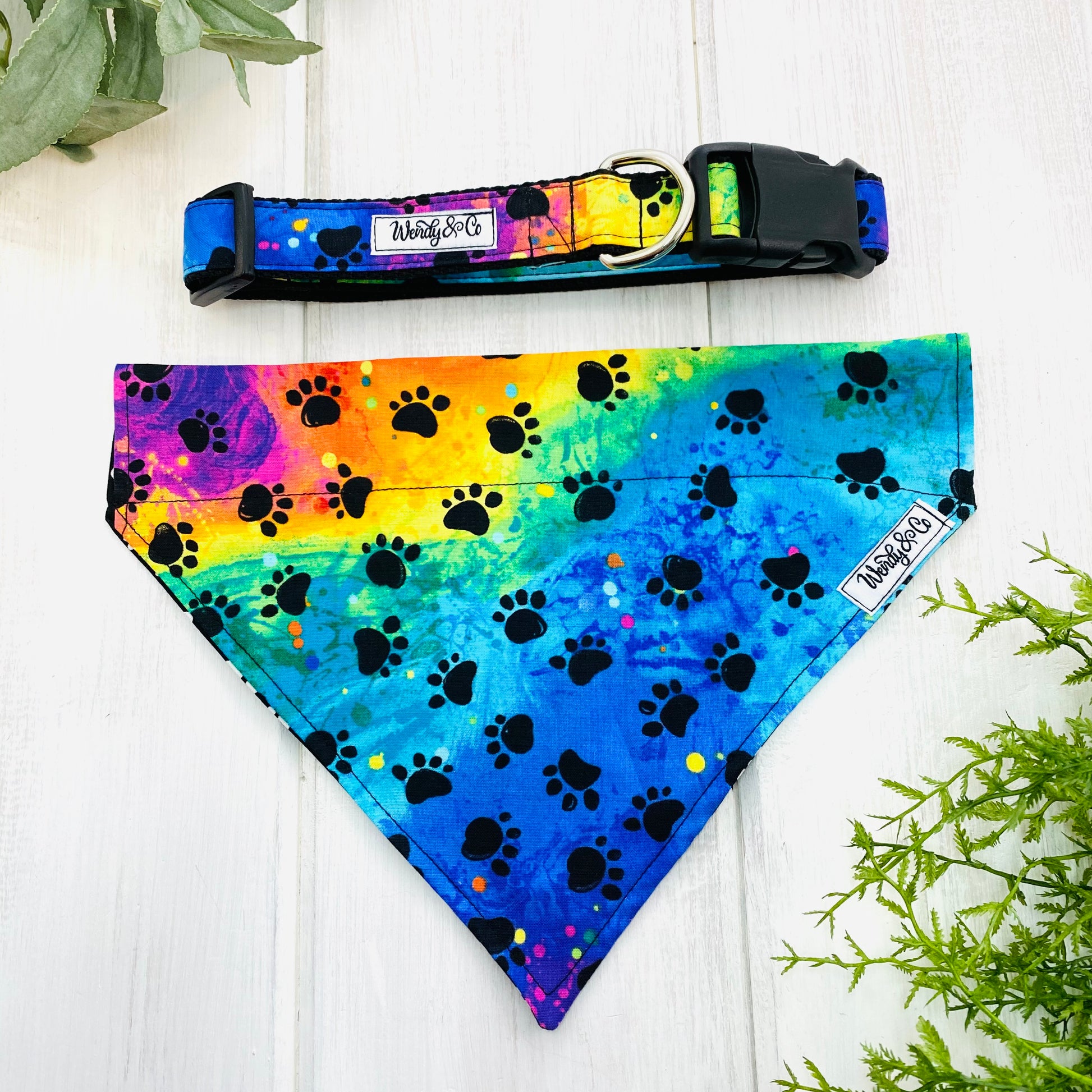 Handmade dog collar and bandana rainbow tie dye print.
