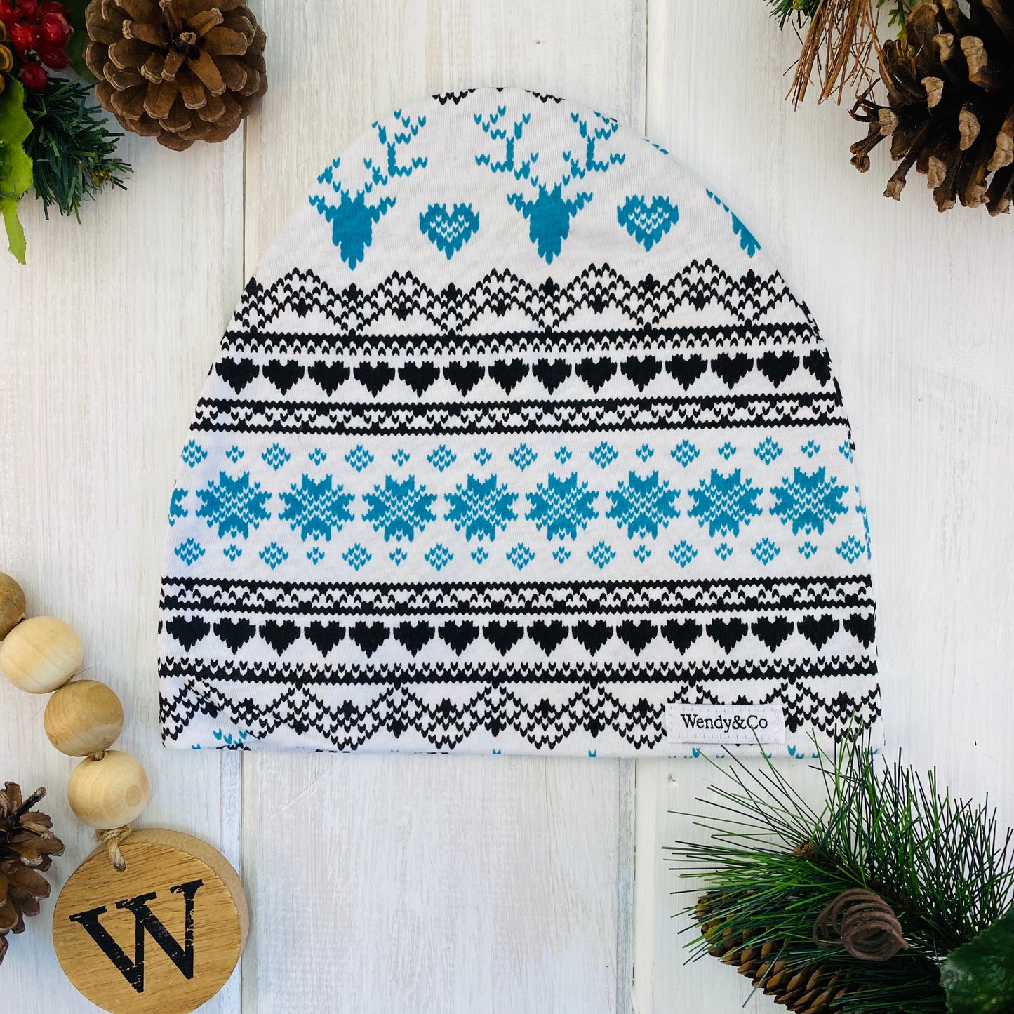 Blue and black Nordic print with deer, hearts and snowflakes...gender neutral,.