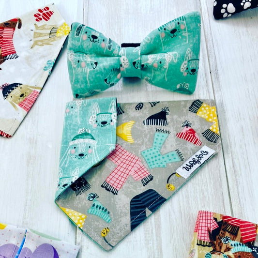 Handmade dog bow tie and bandana in winter print.