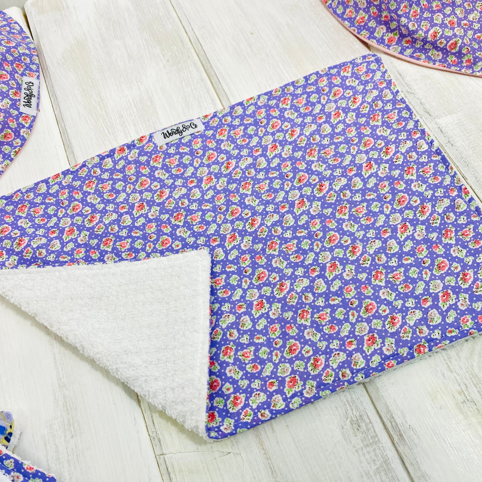 Lilac purple lavender and pink floral burp cloth, absorbent, handmade.