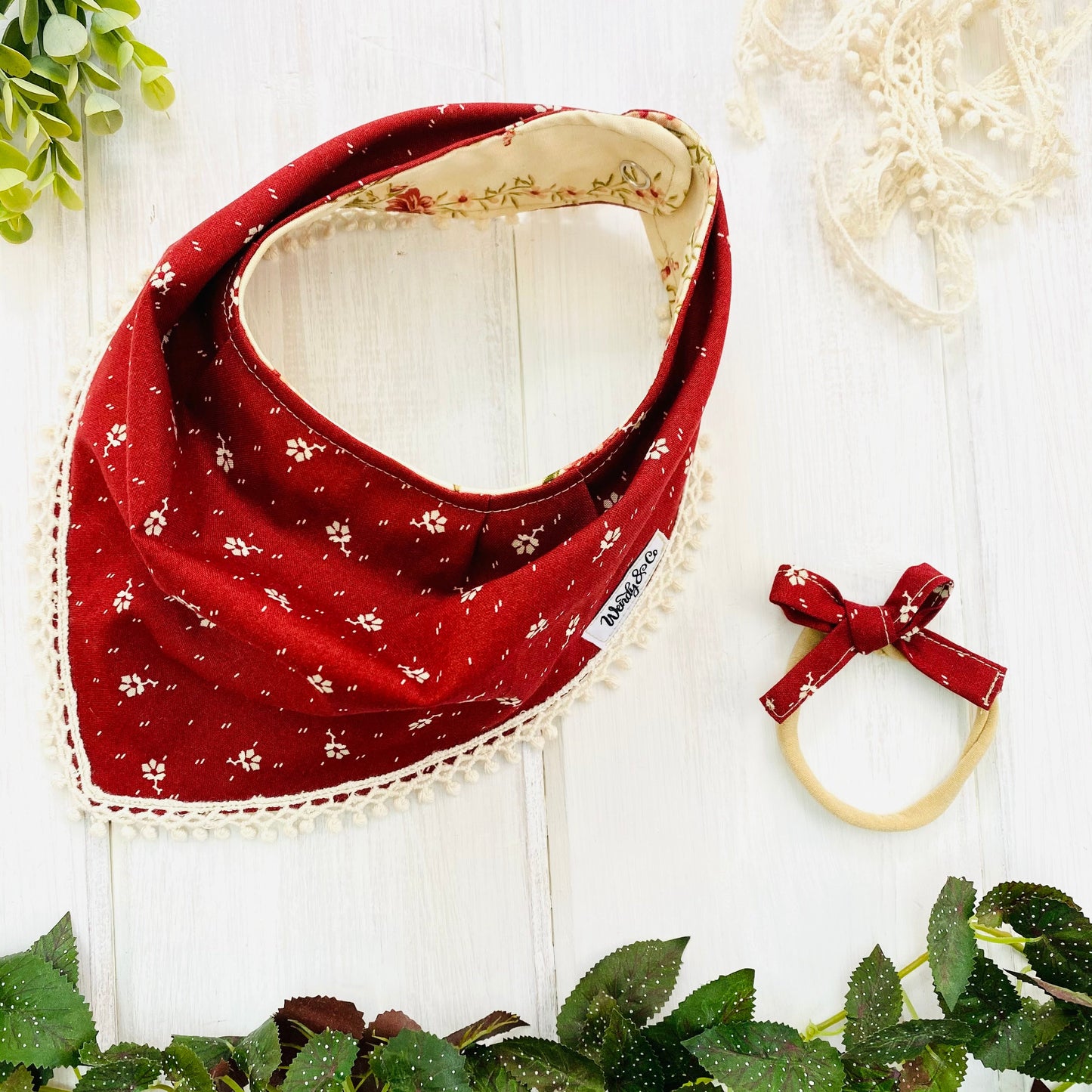 Vintage floral berry colored bandana bib, headband, hand tied bow