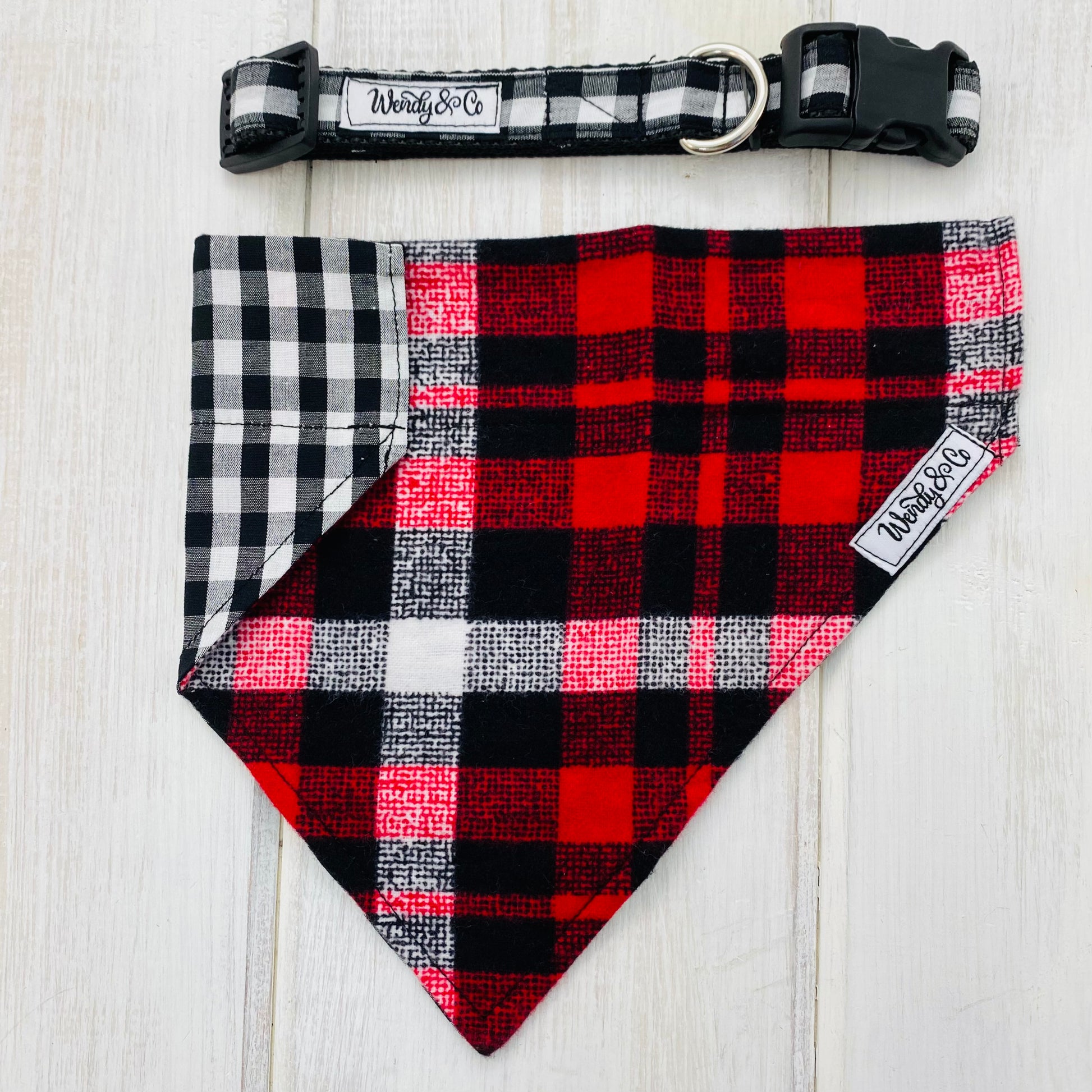 Over the collar dog bandana, reversible- black, red and white plaid to black and white check.