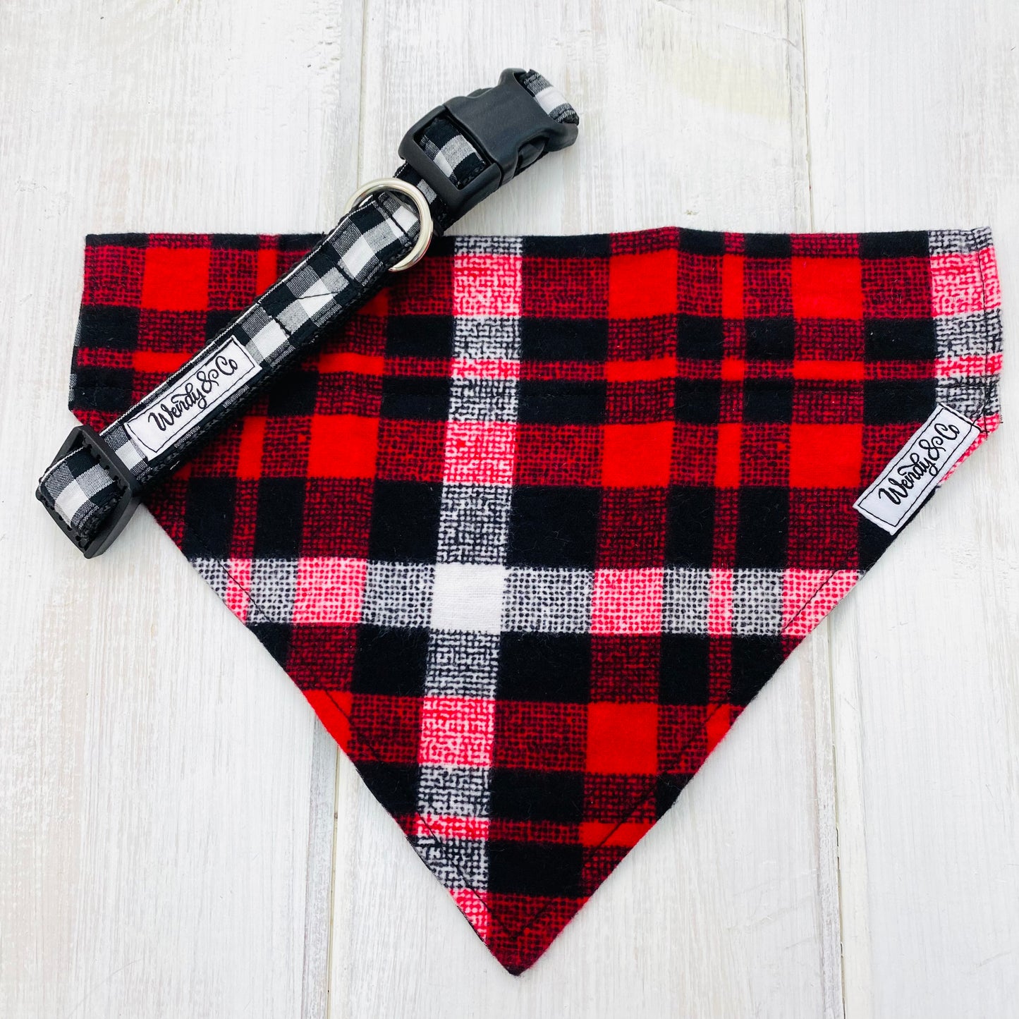 Cute dog bandana in cozy red, black and white plaid.