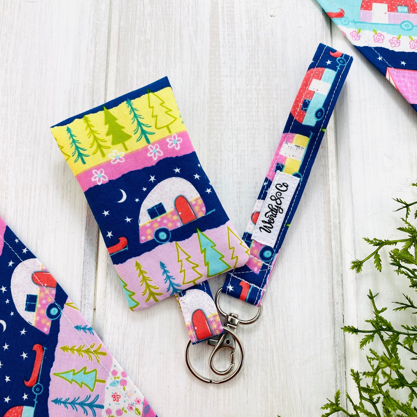 Bright colorful camping theme key fob and ID card pocket set.