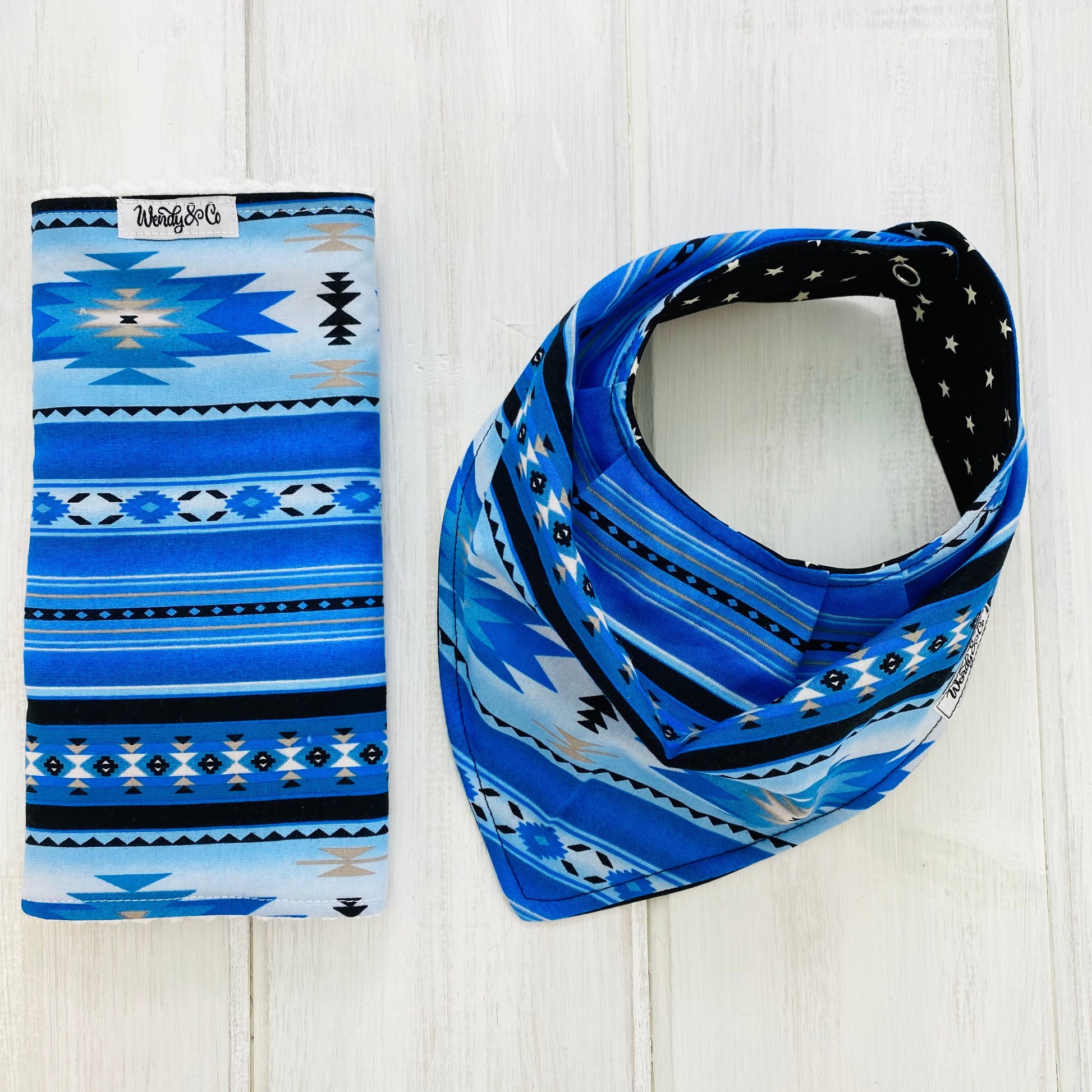 Southwest print in shades of blue and black, baby burp cloth and bib