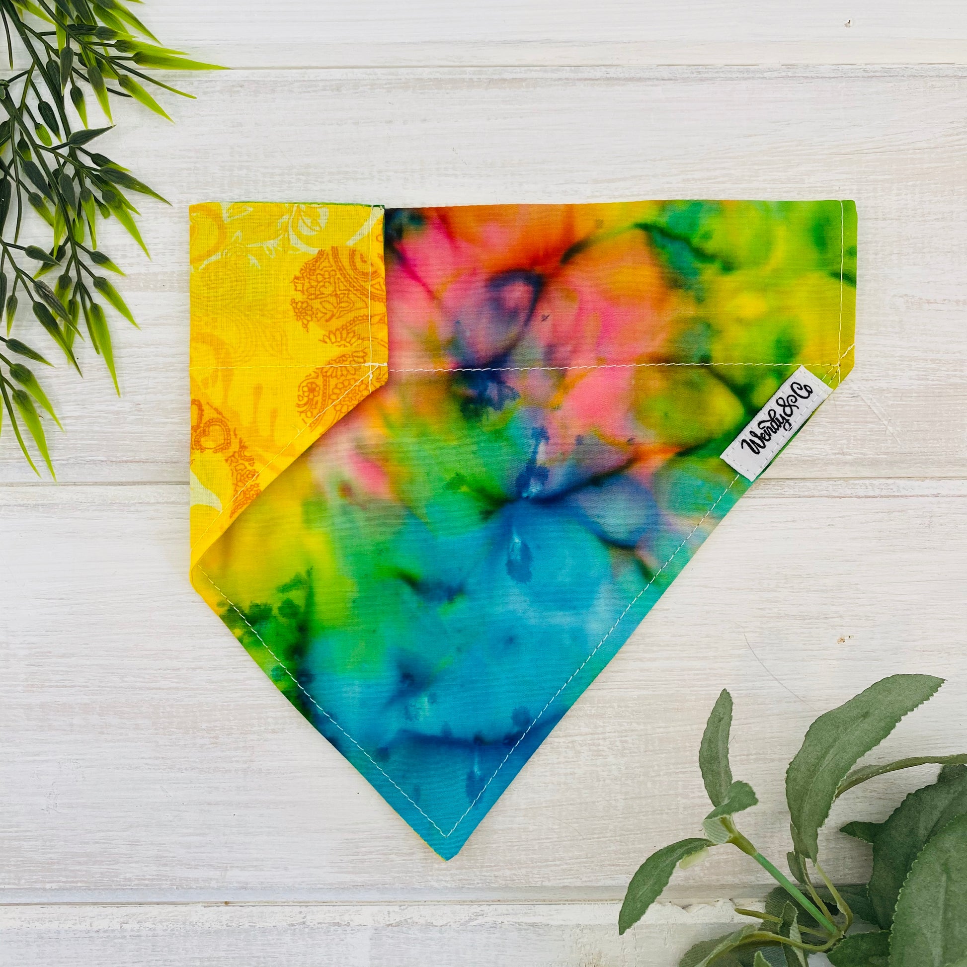 Tie dye dog bandana for extra small to extra large dogs.