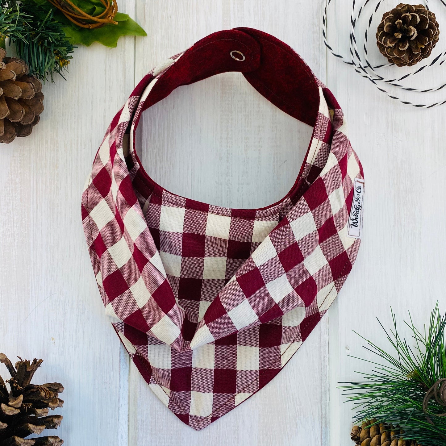 Bandana bib in maroon check for boy or girl, reversible to solid maroon print
