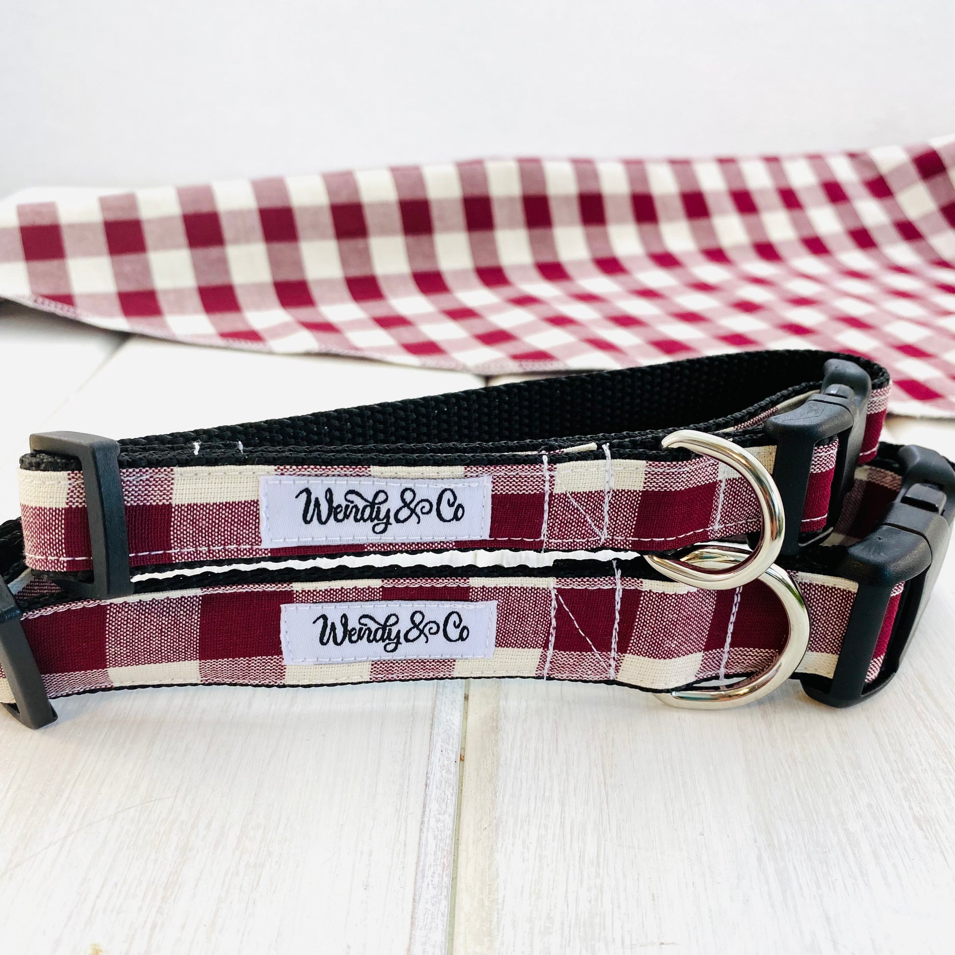 Maroon check dog collar with matching reversible dog bandana.