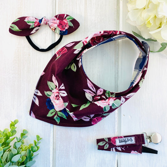 baby headband with rounded bow, bandana bib, paci clip all in maroon floral rose print.