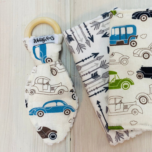 Washing cloths, reusable baby wipes, sustainable, handmade, set of 4 shown with matching teether.