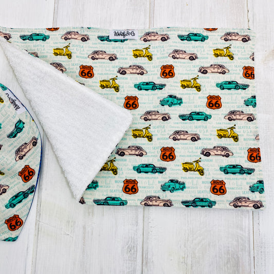 Mint green, yellow, orange, old cars, classic cars route 66 fabric handmade into generous sized burp cloths, perfect gift for baby boy shower.
