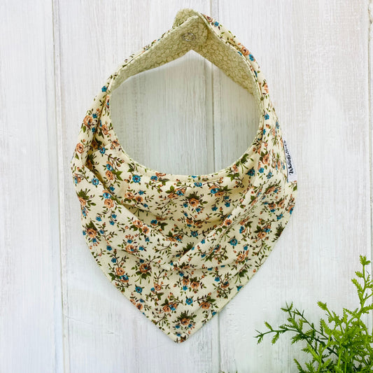 sustainably sourced vintage floral fabric with rust, olive and blue, baby bandana bib.