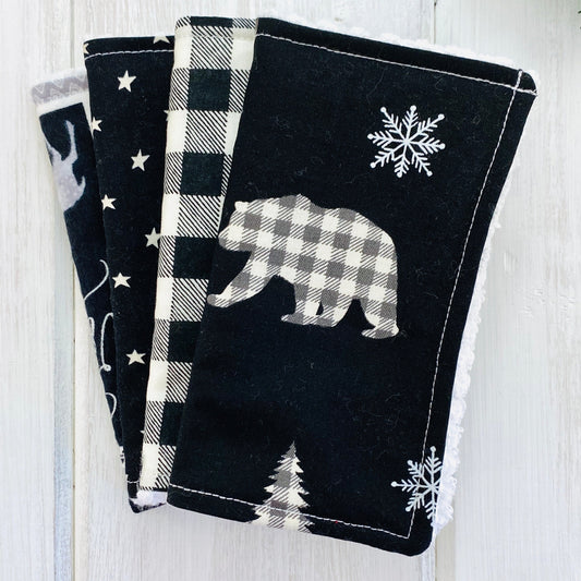 black and cream check bears on a black background, set of 4 reusable baby wipes, washing cloths.