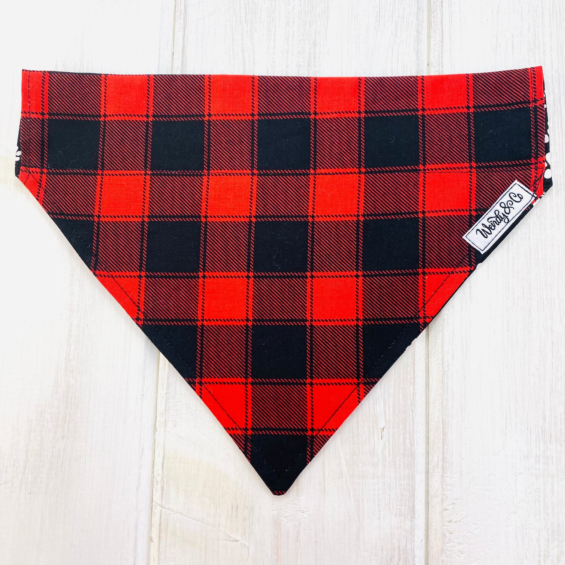 Buffalo plaid red and back over-the-collar dog bandana.