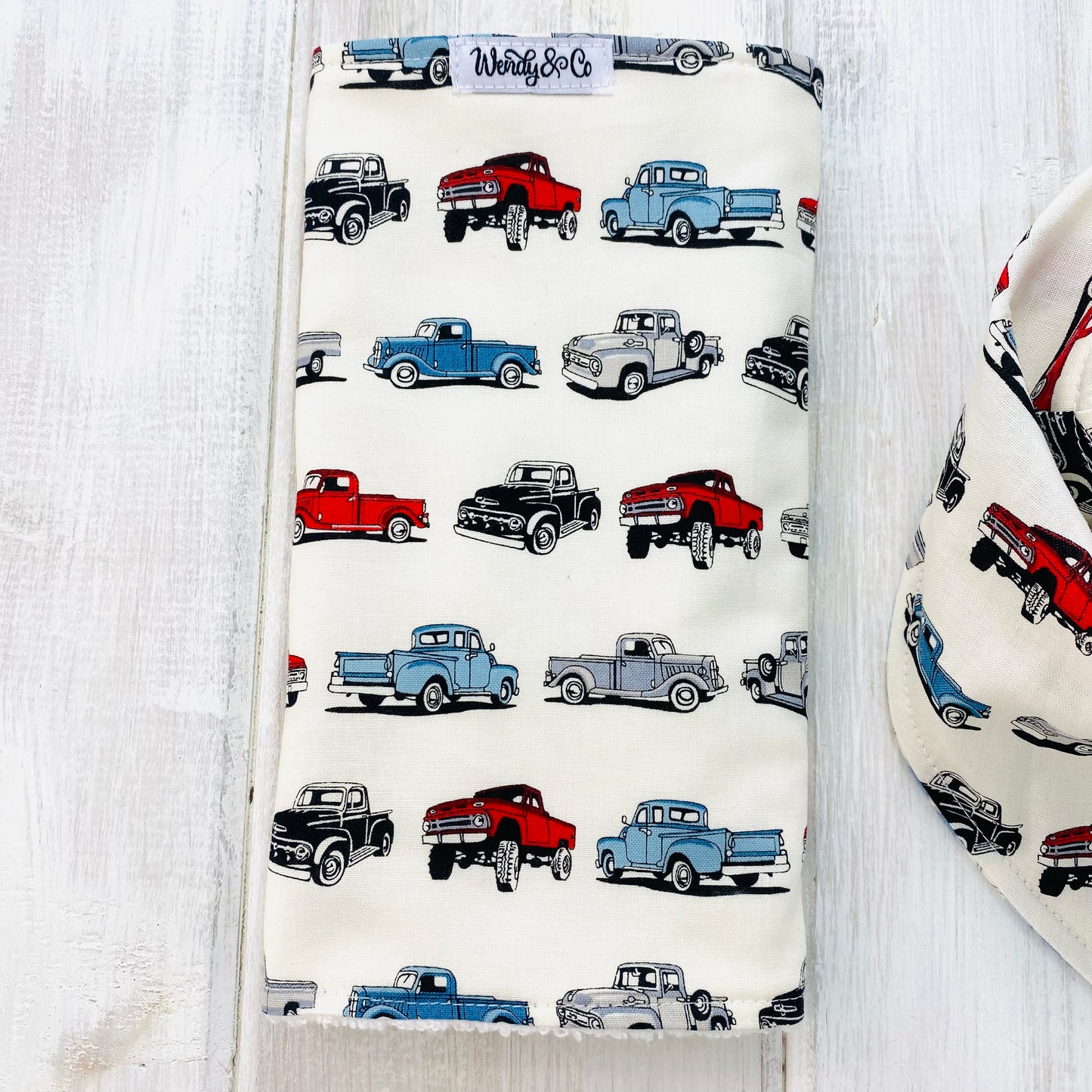 Baby burp cloth in Vintage truck print fabric.
