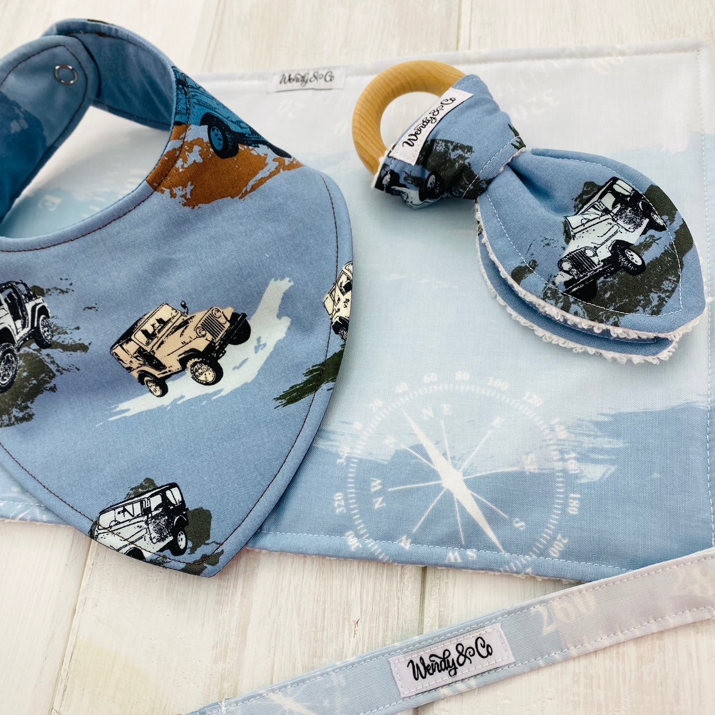 Handmade baby gift set with jeeps.