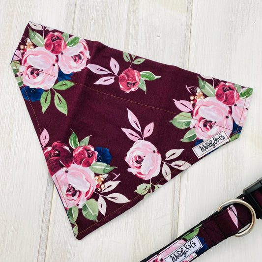 Maroon floral dog bandana perfect for Golden Doodles, and all breeds of dogs.