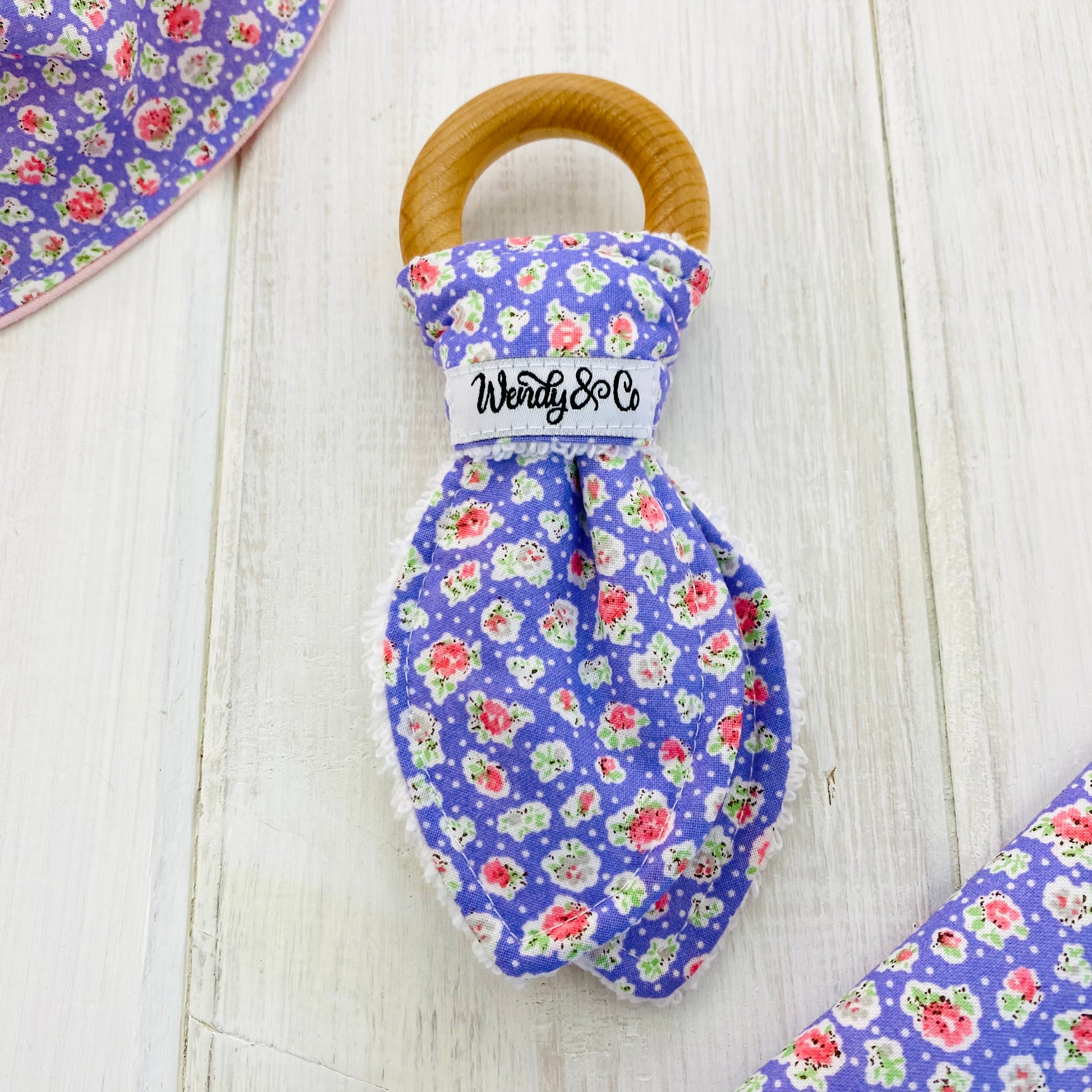 Lilac floral print handmade baby teether.