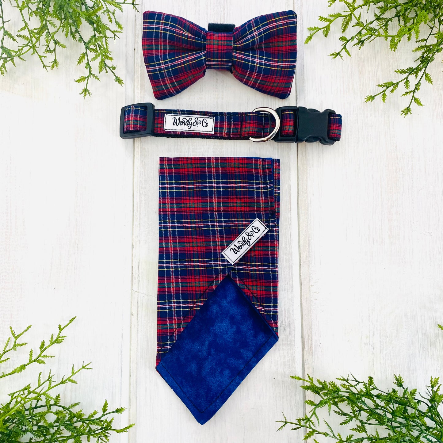 Tartan plaid bow tie, collar and bandana.