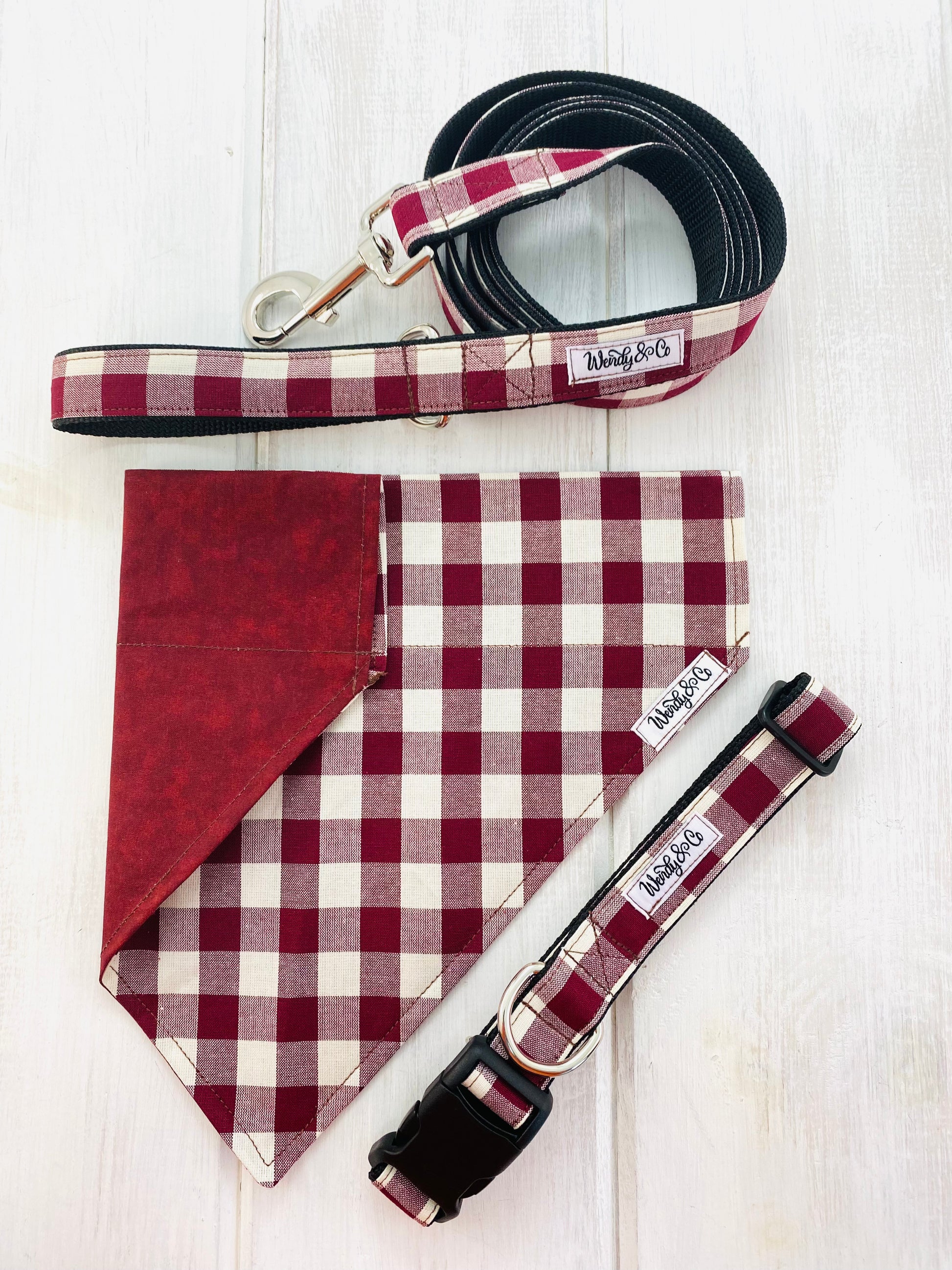 Burgundy dog bandana, reversible with collar and leash.